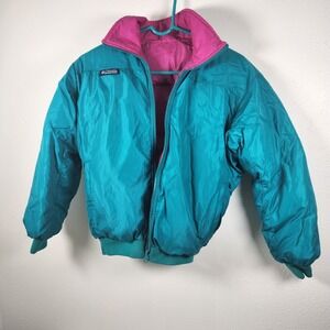 VTG Columbia Ski Coat Reversible Puffer Bomber Jacket S Turquoise Blue Pink 90s!